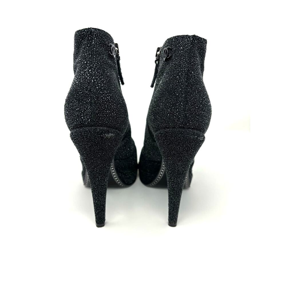 CHANEL Black Grey Glitter Leather Heel Booties Size 37 CC Logo - Picture 5 of 9
